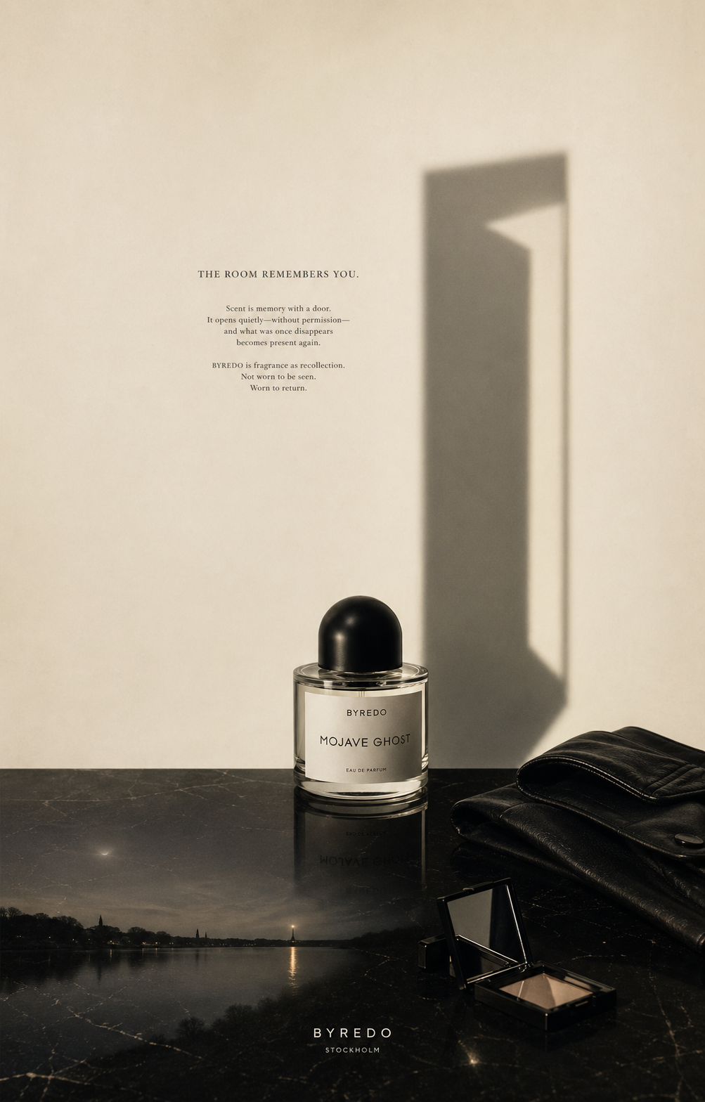 A Byredo perfume bottle on a dark sill at dusk, beside a folded leather pouch, hard daylight on the wall behind