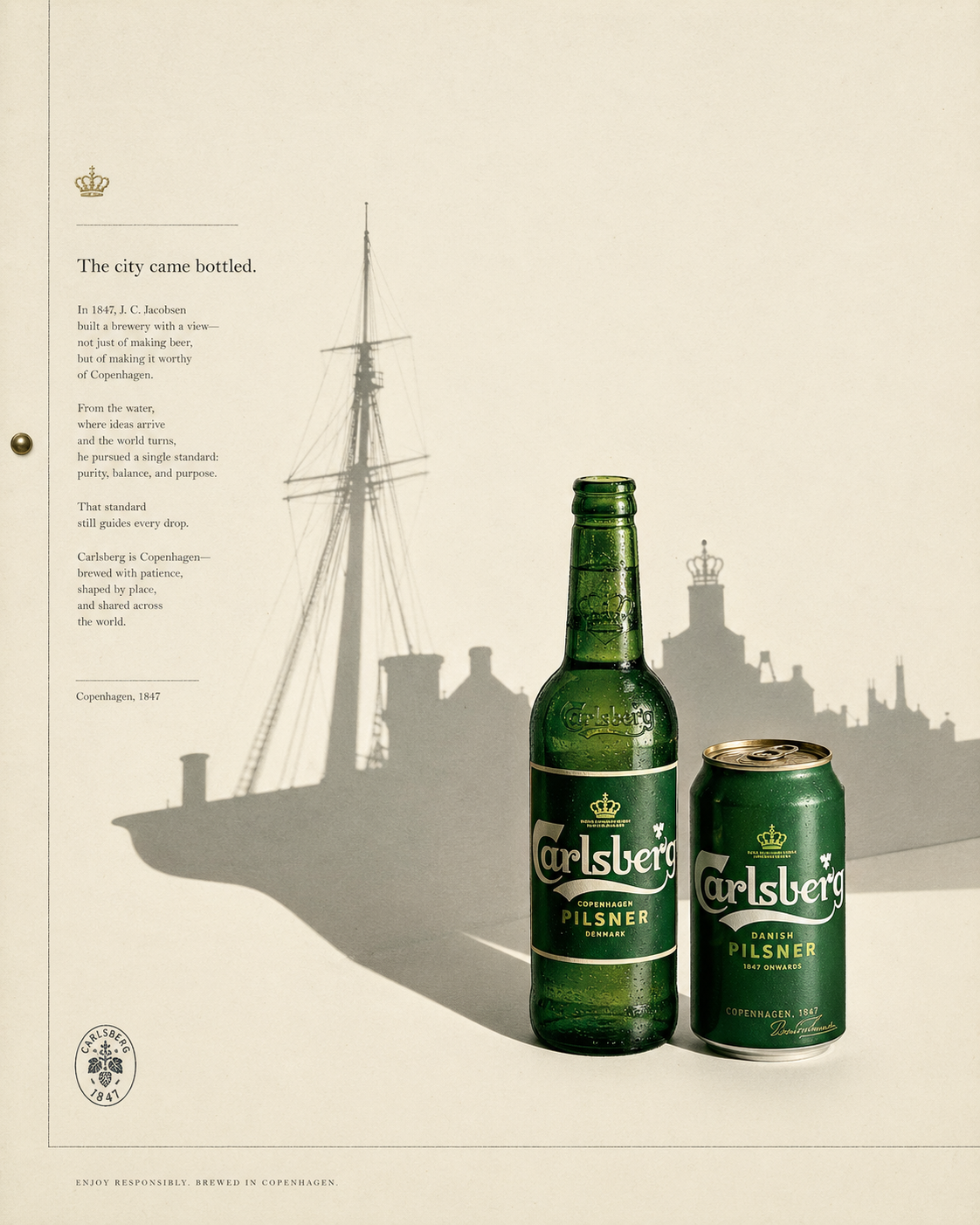 A green Carlsberg Pilsner bottle and can in front of a hand-drawn Copenhagen harbour and skyline