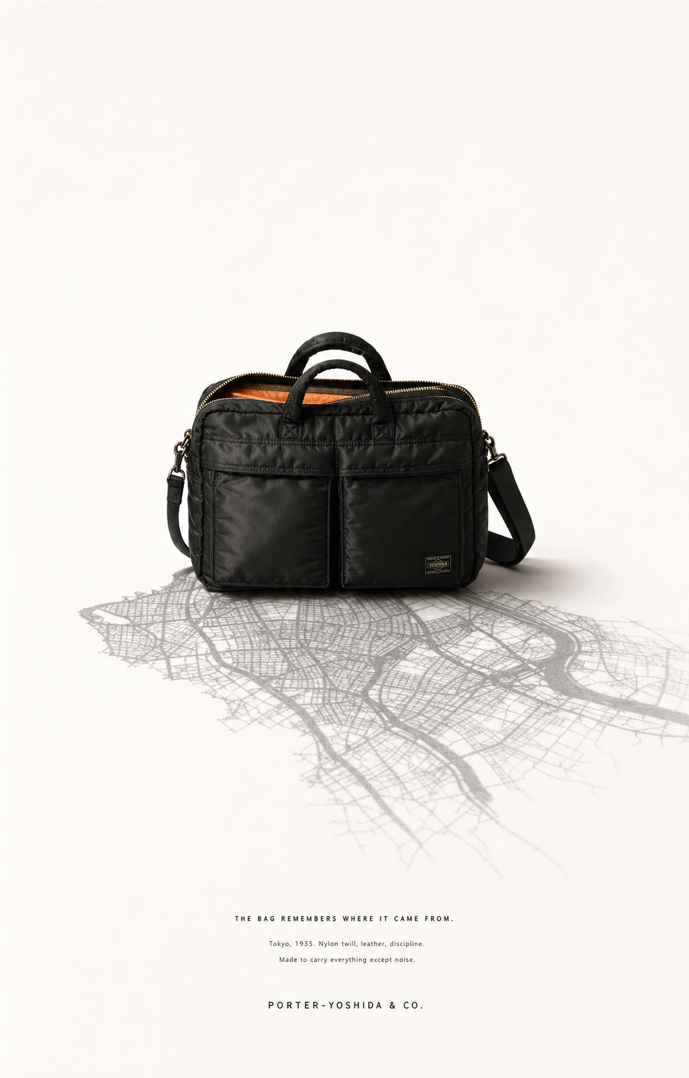 A black Porter-Yoshida Tanker nylon briefcase with bright orange interior, set above a hand-drawn Tokyo street map